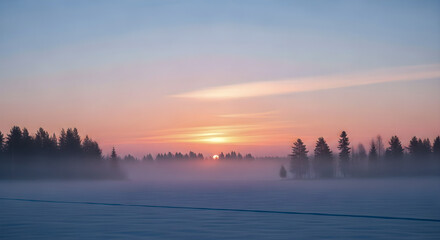 Serene winter wonderland scene features a colorful sunrise illuminating the snow covered landscape and silhouette trees.