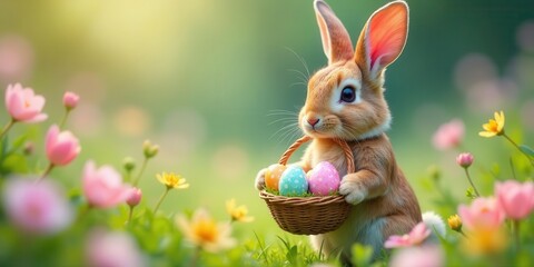 Adorable Bunny Holding a Basket of Colorful Easter Eggs in a Spring Meadow