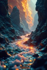 Enchanted River Gorge A Serene Fantasy Landscape with Glowing Water and Dramatic Rock Formations