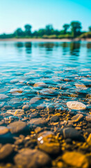 Tranquil waters flow over smooth stones, a serene waterscape with distant trees and clear blue sky.