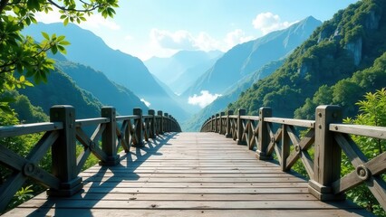 Serene Mountain Vista A Wooden Footbridge Leading to a Breathtaking Valley Panorama