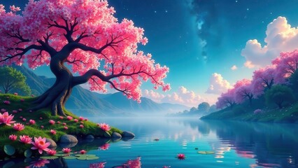 Serene Landscape Featuring a Majestic Pink Blossom Tree by a Tranquil Lake Under a Starlit Sky