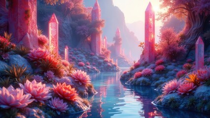 Serene landscape with pink crystalline formations and vibrant aquatic flora along a calm river
