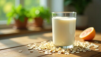 A glass of creamy oat milk sits on a wooden table bathed in sunlight, surrounded by oat flakes, next to a piece of citrus fruit.