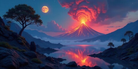 Serene volcanic landscape at twilight, with a large moon, reflecting in a calm lake, surrounded by dark mountains and silhouetted trees