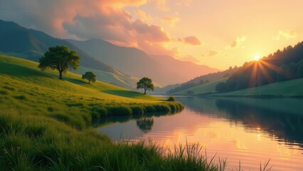 Serene Sunset Over Rolling Hills and Calm Lake Water Reflecting Golden Hues