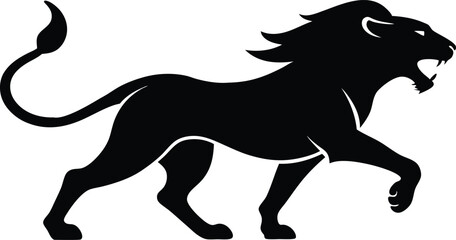 A aggresive lion running pose Vector Black silhouette. with white background