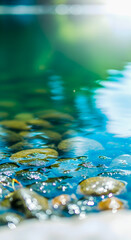 Serene water scene with river stones and reflections creating a sense of tranquility and peace within nature.