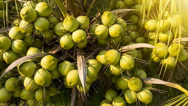 Close up cluster of ripe coconuts on palm tree under sunlight