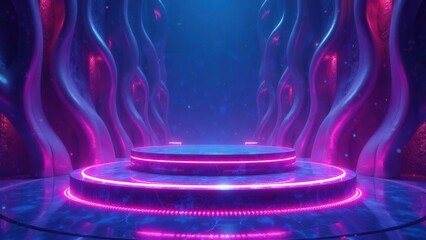 Abstract Neon Lit Stage with Wavy Walls and Circular Platform