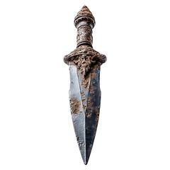 Ceremonial dagger in relic sheath concept. Ancient dagger with ornate designs and weathered texture.