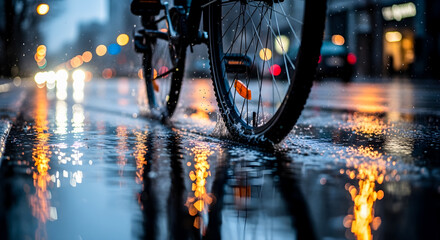 Bicycle wheel splashing water on a rainy road with reflections of city lights and cars, creating a moody atmosphere.