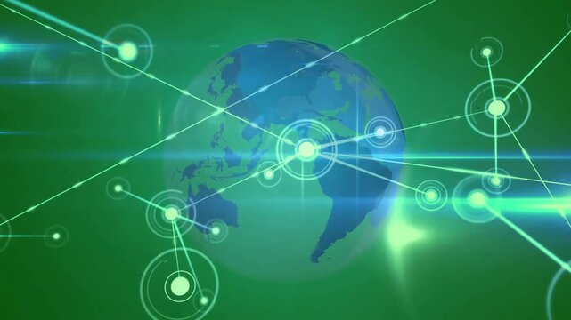 Digital globe sending pulse causing node growth and lines expanding to show global network building