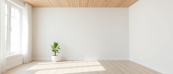 Fototapeta premium Empty room with light gray textured wall and light wood flooring