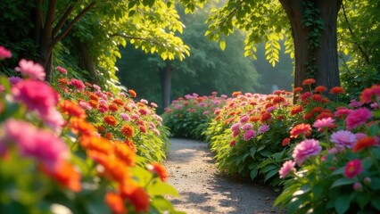 A sunlit path meanders through vibrant flowerbeds, showcasing a breathtaking array of colorful blossoms in full bloom, creating a picturesque scene of natural beauty.