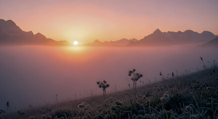 Foggy sunrise bathes alpine meadow in soft light with mountains rising in the background, a scenic vista.