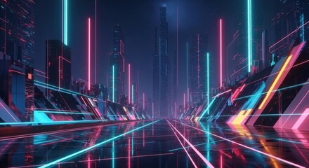 Vibrant Neon Cityscape with Futuristic Architecture and Reflective Streets