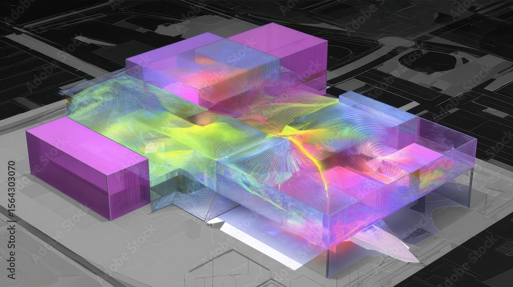 Poster multi-colored architectural model of a complex building.