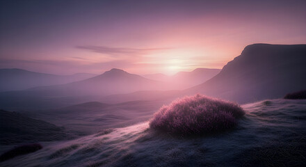 Pink hues illuminate a tranquil mountain range landscape during a stunning sunrise, revealing natural beauty and peaceful scenery.