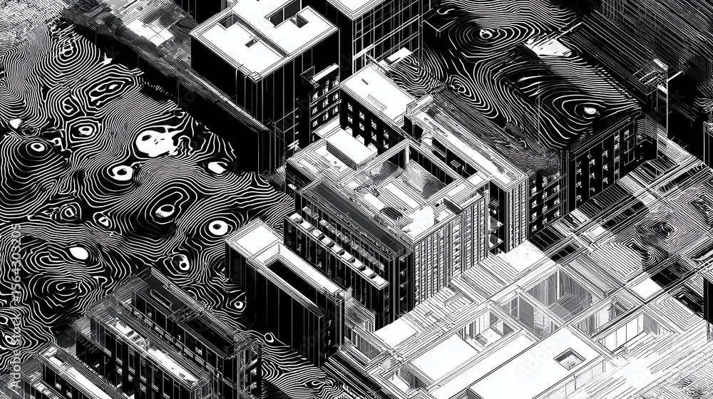 Poster abstract architectural rendering of a city block.