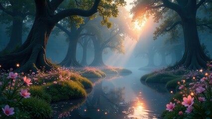 Serene Sunrise Illuminates Mystical Forest Pond, Enchanting Floral Banks Reflecting Golden Light