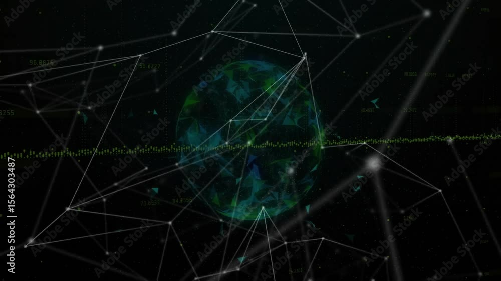 Poster sphere appearing triggers network lines pulsing while globe rotating revealing data connectivity