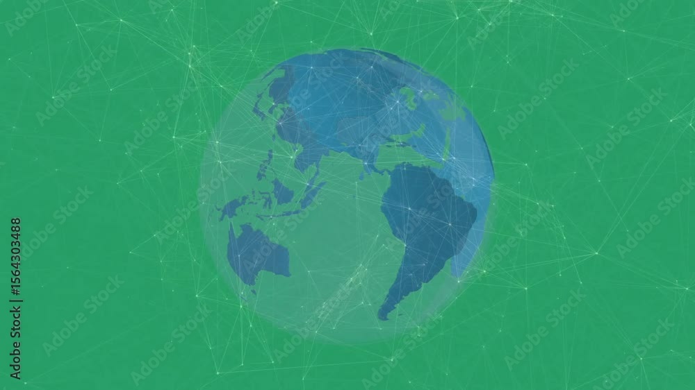 Poster on start digital globe rotating clockwise over green network mesh to visualize global data flow