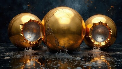 Golden Spheres with Fractured Surfaces and Interior Cavities Resting on Dark Reflective Surface