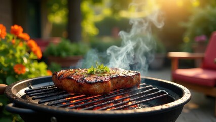 Summertime Sizzle A Juicy Steak Grilling on a Charcoal Grill in a Lush Garden Setting