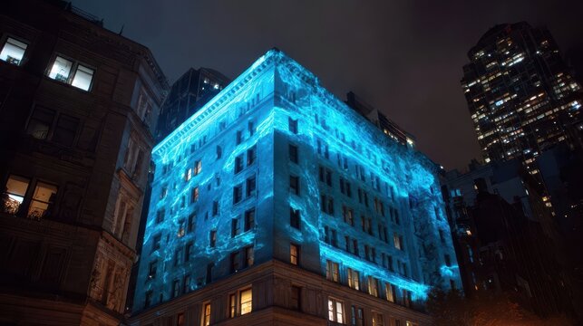 Urban building facade illuminated with projection mapping at night.