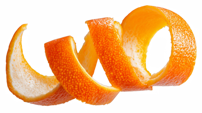 Bright citrus zest, a spiraling orange peel against a dark background shows natural texture and vibrant color creating abstract shapes.