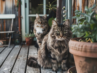 Obraz premium Two Tabby Cats Sitting on Rustic Wooden Porch Next to a Potted Plant – Cozy Cabin Lifestyle and Rural Pet Companionship