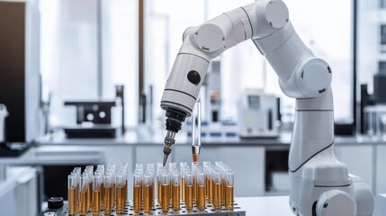 Automated lab process with robotic arm handling test tubes