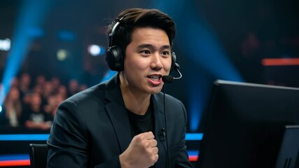 Excited esport commentator reacts during live broadcast event - Powered by Adobe