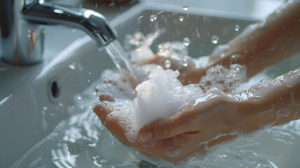 Fototapeta premium Close-Up of Hands Being Washed Under Running Water in a Modern Sink with Soft Natural Light – Hygiene, Cleanliness, and Handwashing Concept