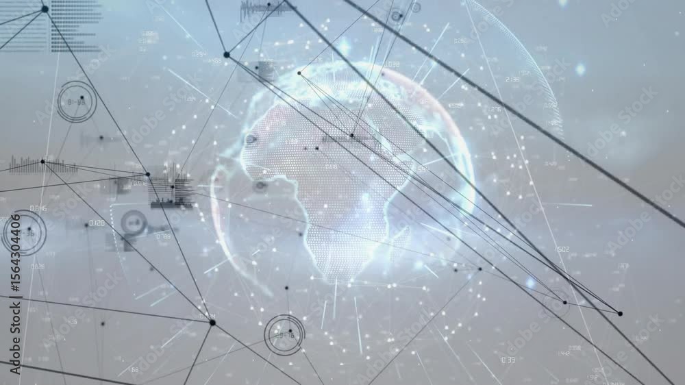 Poster holographic globe emerging rotating after spark visualizing data flow with connecting network nodes