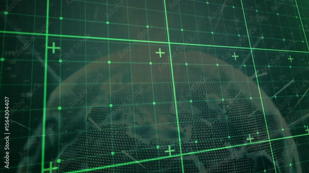 Aufkleber green grid lines sweeping, plus-shaped markers blinking, dotted globe rotating showing network data