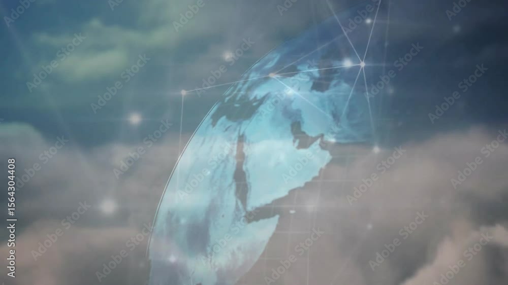 Poster digital globe rotating with network nodes appearing for visualizing data connectivity upon startup