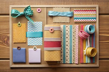 Flat lay of colorful gift wrapping supplies; ribbons, tags, and patterned paper on wood background.