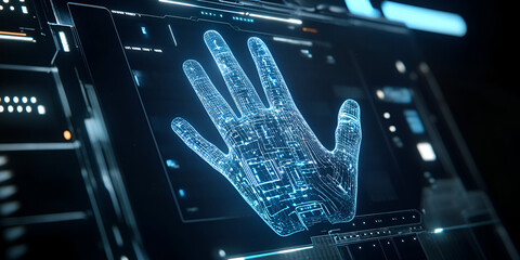 Futuristic Hand with Digital Interface and Circuit Patterns, Digital Technology Concept with Hand Gesture on Transparent Screen, Holographic Hand in Tech Display with Data

