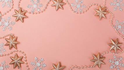 Festive Frame of Glittering Gold Stars and Silver Snowflakes on a Pastel Pink Background