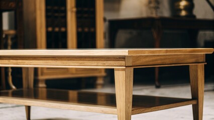 Elegant Wooden Coffee Table: Detailed Close-Up, Warm Lighting, Modern Design.
