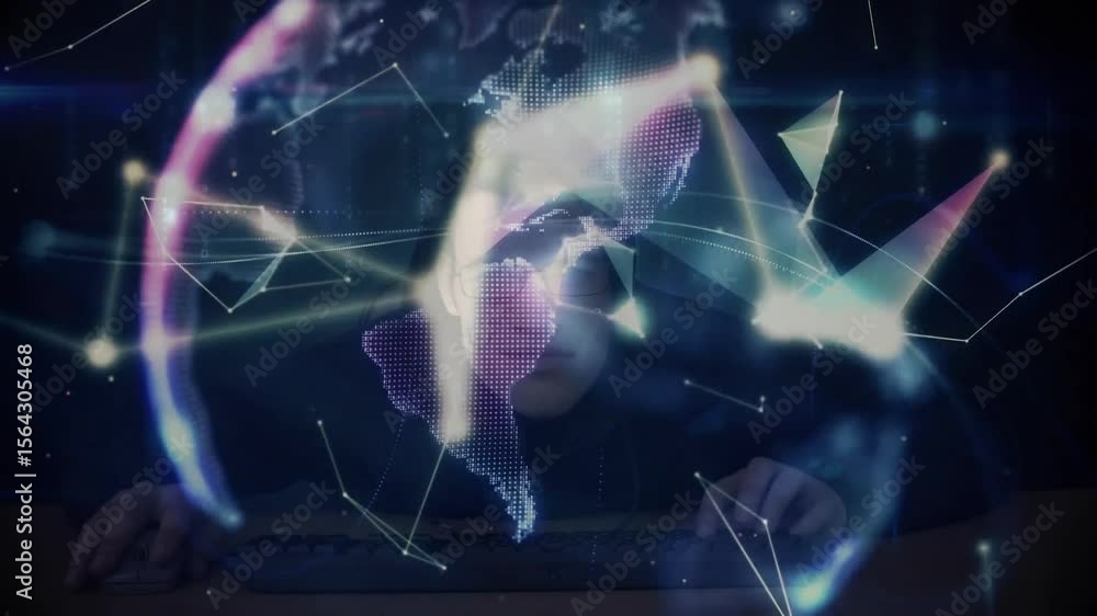 Poster man typing on keyboard summoning tech network nodes converging into spinning holographic globe