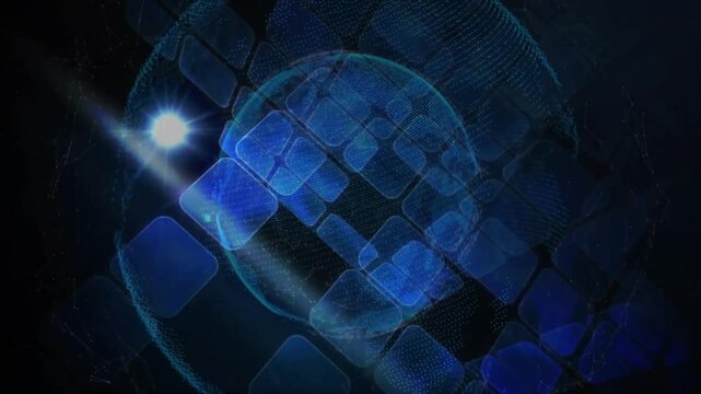 Noise sparking panels flickering while orb intensifying globe rotating wrapping ring around sphere