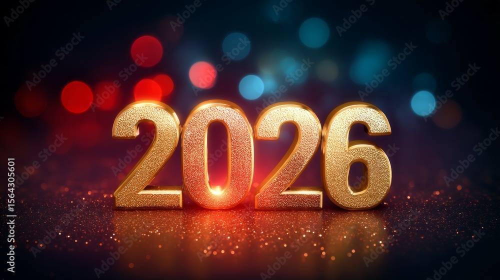 Poster golden 2026 numbers with colorful bokeh background and sparkling lights