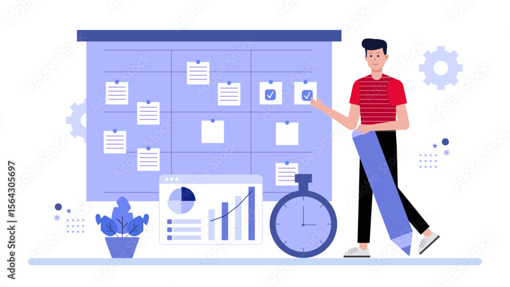 Poster man planning tasks efficiently with analytical graphs and a timer, ideal for business presentations,