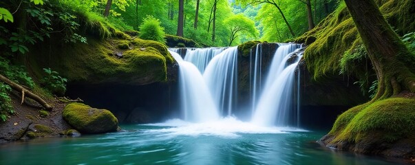 Fototapeta premium Mesmerizing Cascading Waterfall in Lush Green Forest Perfect for Travel, Nature, and Adventure Photography
