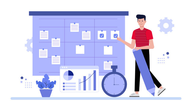 Man planning tasks efficiently with analytical graphs and a timer, ideal for business presentations, time management concepts, and productivity themes.