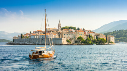Fototapeta premium A daytime photograph of Korcula Town in Croatia viewed from across the blue Mediterranean Sea.