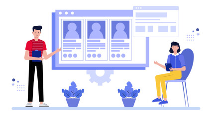 Two people analyzing online job candidates. Suitable for recruitment, job hunting, hiring, HR, career development, employment themes.